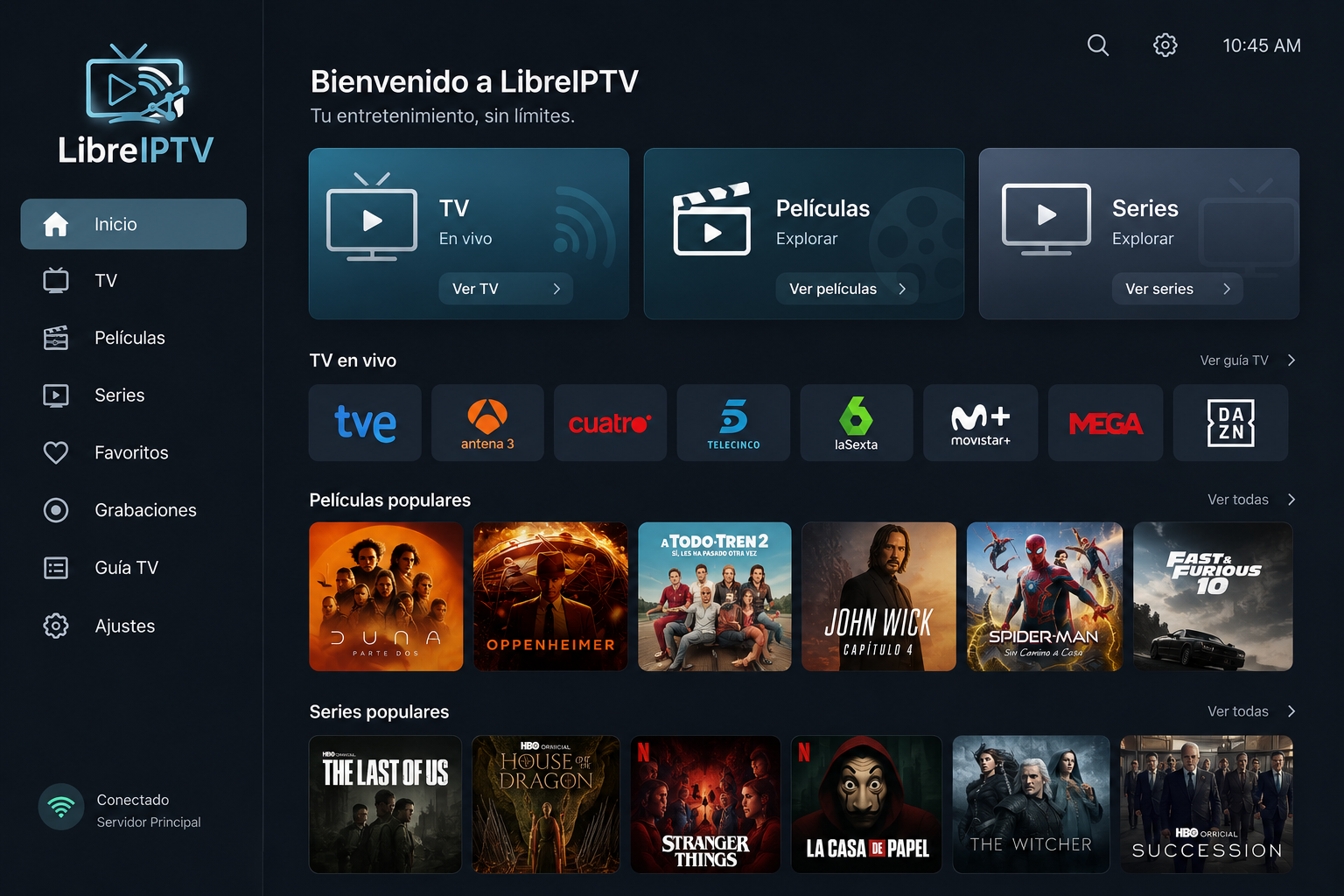 Pantalla de inicio de LibreIPTV en Android TV: menú lateral con TV, Películas y Series, y carruseles de canales y contenido popular